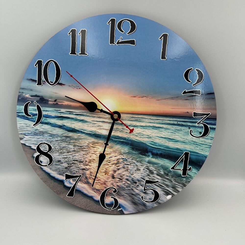 14inch Ocean Beach Summer Wood Wall Clock Silent Battery Operated Room Decor-NEW